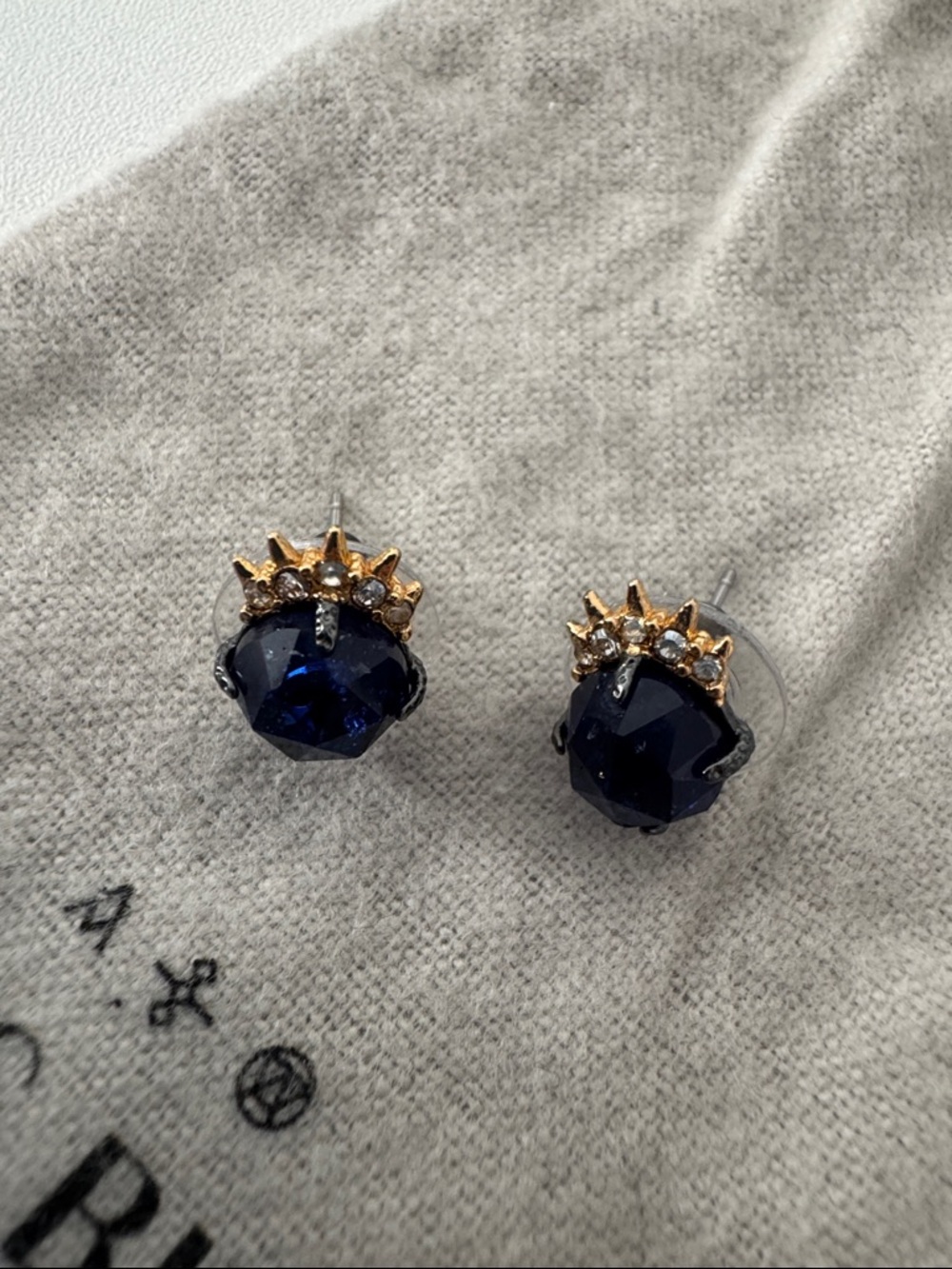 Alexis Bittar Dark Navy Crystal Spike Stud Earrings with Gold Accents